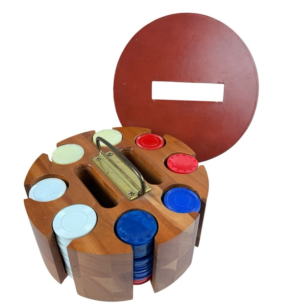 Vintage PlaWood Walnut Poker Chip Caddy Carousel Swirl Celluloid Chips Case Set
